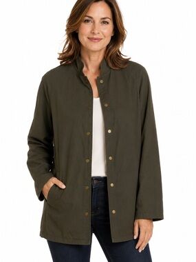 Eileen Fisher Green Jacket Size Large Cotton Blend Sleeve Snap Closure Oversized